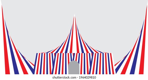 circus building design, red blue background, event festival backdrop