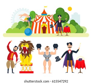 Circus building in park and entertainment attractions. Magician, clown animator, athlete, trained wild animals, ready to show submission. Vector illustration isolated in cartoon style.