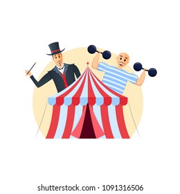 Circus building, shapito to view of show with tricks, circus artists. Invitation to event, presentation. Representations with magician and strongman, interesting show program. Illustration isolated.