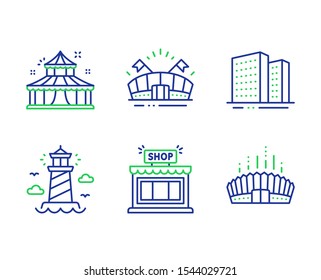 Circus, Buildings and Shop line icons set. Lighthouse, Sports arena and Arena stadium signs. Attraction park, Town apartments, Store. Beacon tower. Buildings set. Line circus outline icons. Vector