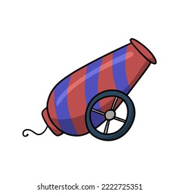 Cañón de circo con franjas de colores, ilustración vectorial en estilo de caricatura sobre fondo blanco