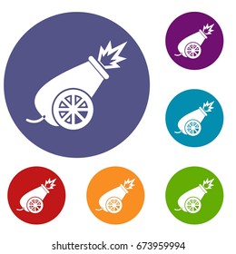 Circus cannon icons set in flat circle reb, blue and green color for web