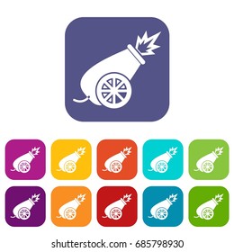 Circus cannon icons set vector illustration in flat style in colors red, blue, green, and other