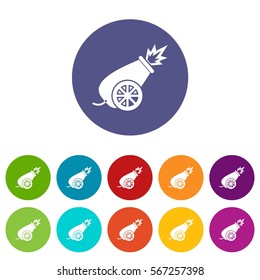 Circus cannon set icons in different colors isolated on white background