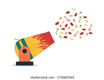 Circus cannon shot color paper, performance show carnival, icon isolated on white, flat vector illustration. Bright gun.