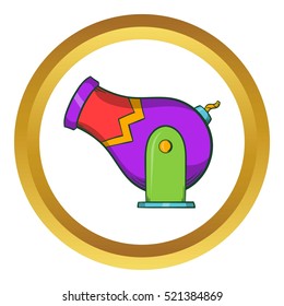 Circus cannon vector icon in golden circle, cartoon style isolated on white background