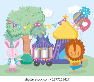 circus car and lion animal dancing with top