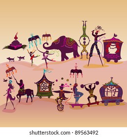 Circus caravan with magician, elephant, dancers and various characters