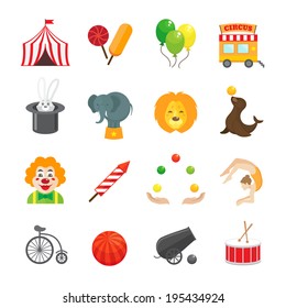 Circus caravan rabbit elephant tricks and magical hat hocus pocus performance funny color icons set isolated vector illustration