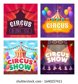 Circus card set. Promotion banners square shape on theme Circus. Design of advertising in social networks. Carnival, show. Vector cartoon illustration