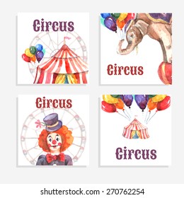 Circus card set with watercolor animals balloons and clown isolated vector illustration