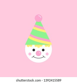 Circus, carnival, amusement park clown vector graphic illustration icon. Cute birthday party funny clown. Isolated on light pink background.