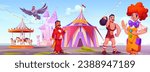 Circus or carnival artists in amusement park. Cartoon vector illustration of performers welcome to show at funfair. Presenter, clown and strongman in front of carousels, castle and cirque tent.