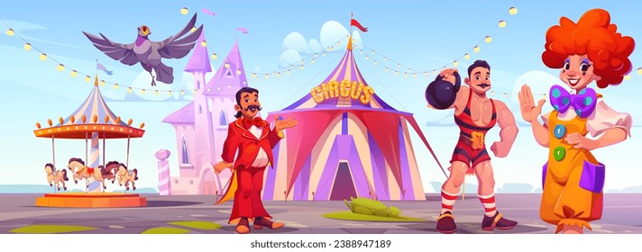 Circus or carnival artists in amusement park. Cartoon vector illustration of performers welcome to show at funfair. Presenter, clown and strongman in front of carousels, castle and cirque tent.