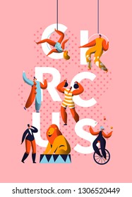 Circus Carnival Clown Character Typography Banner. Magician and Unicycle Juggler Performance. Comedy Costume Harlequin Show Advertising Vertical Poster Design Flat Cartoon Vector Illustration