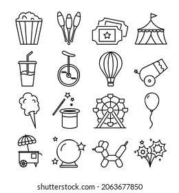 Colección del Carnaval del Circo: Un conjunto de 16 iconos de contorno vectorial