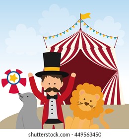 Circus and carnival concept represented by Lion, seal and tamer icon. Colorfull illustration. 