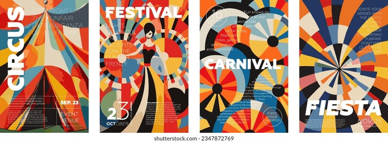 Juego de afiches de arte retro creativo del circo y el carnaval. Fiesta y colección de diseño de tipografía vintage. Placard con texto promocional sobre un patrón abstracto colorido. Cubierta moderna de vectores vectoriales