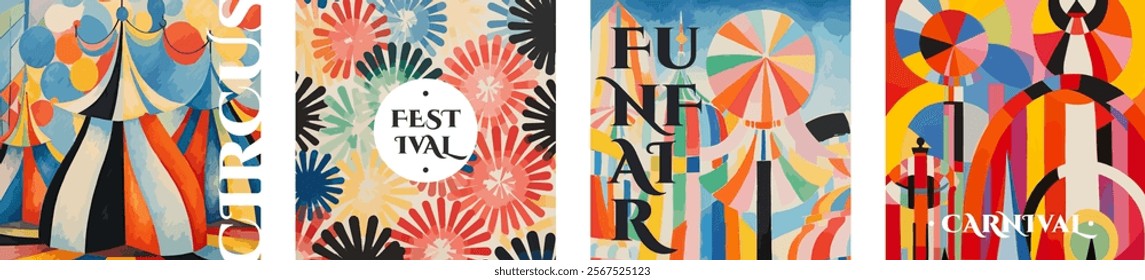 Circus and Carnival creative retro art square banner set. Festival and Funfair vintage typography print design collection. Holiday promo text on colorful abstract pattern flyer. Modern trendy cover