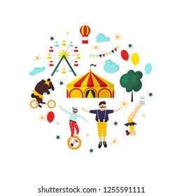 Circus, carnival elements and characters. Vector illustration for card, poster, banner, invitation template with bear, elephant, cat, acrobat, clown, tent. Isolated objects. 