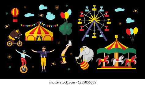 Circus, carnival elements and characters. Vector illustration for card, poster, banner, invitation template with bear, elephant, cat, acrobat, clown, carousel, tent. Isolated objects. 