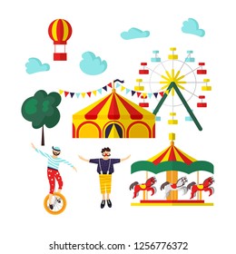 Circus, carnival elements and characters. Vector illustration for card, poster, banner, invitation template with bear, elephant, cat, acrobat, clown, tent. Isolated objects. 