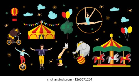 Circus, carnival elements and characters. Vector illustration for card, poster, banner, invitation template with bear, elephant, cat, acrobat, clown, carousel, tent. Isolated objects. 