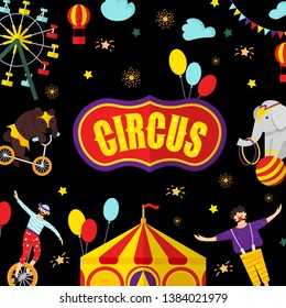 Circus, carnival elements and characters. Vector illustration for greeting card, poster, banner, invitation template with bear, carousel, acrobat, clown, tent. Isolated objects. 