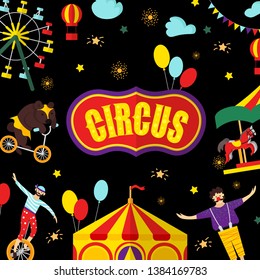 Circus, carnival elements and characters. Vector illustration for greeting card, poster, banner, invitation template with bear, carousel, acrobat, clown, tent. Isolated objects. 