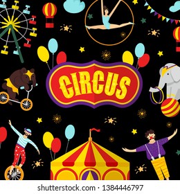 Circus, carnival elements and characters. Vector illustration for greeting card, poster, banner, invitation template with bear, carousel, acrobat, clown, tent. Isolated objects. 