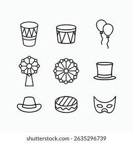 Circus Carnival Festival Line Art Icons, Whimsical Black And White Vector Set.