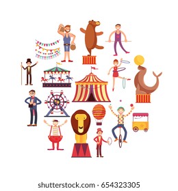 Circus carnival flat vector icons in circle design. Cartoon clown and acrobat performance in circus illustration