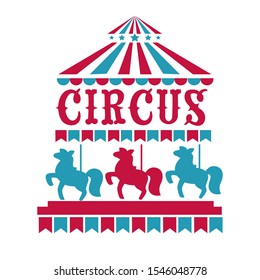 Circus carnival isolated icon, fairground or fun fair label, isolated icon vector. Striped tent and merry-go-round or carousel, entertaining event emblem or logo. Horses turning round, amusement park