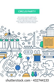 Circus and carnival party line flat design composition, poster with holiday symbols and elements