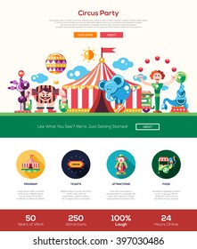 Circus and carnival party one page website template layout with thin line design header, banner, icons and other flat design web elements