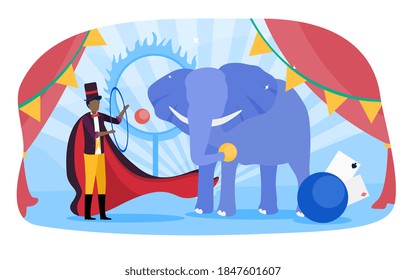 Circus Carnival Performance, Show. Character Typography Horizontal Poster. Funny Leisure and Entertainment. Trainer with Elephant. Colorful Advertising Banner. Cartoon Flat Vector Illustration