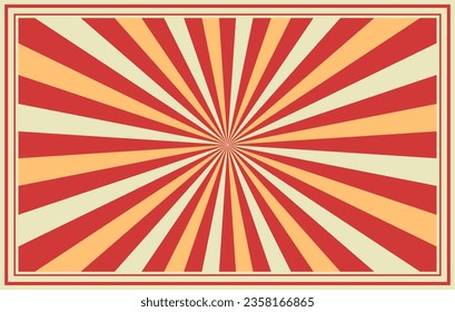 Fondo retro circo o carnaval, rayos solares, diseño de ráfagas vintage con bordes de marco rayados. Patrón vectorial de líneas radiales rojas, blancas y beige con textura gruesa, circo, fondo carnavalesco