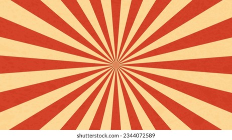 Circus or carnival retro sunlight rays. Vintage background layout, sunbeam burst. Vector backdrop with red and yellow muted radiating stripes creating hypnotic effect, evoking a sense of nostalgia