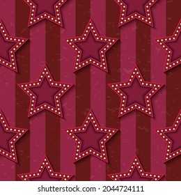 Circus carnival retro vintage glowing neon stars seamless pattern. Circus style show textured old fashioned retro graphic template. Vector tile. For parties, birthdays, decorative elements.