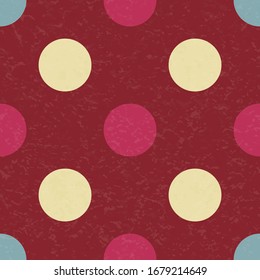 Circus carnival retro vintage polka dot seamless pattern. Colorful circles on background. Textured old fashioned retro graphic template. Vector texture background tile