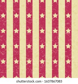 Circus carnival retro vintage stripes with stars seamless pattern. Textured old fashioned graphic template. Vector background tile. For parties, birthdays, decorative elements.