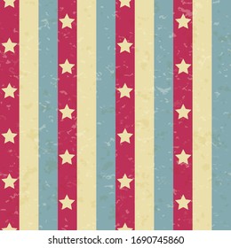 Circus carnival retro vintage stripes with stars seamless pattern. Textured old fashioned graphic template. Vector background tile. For parties, birthdays, decorative elements.