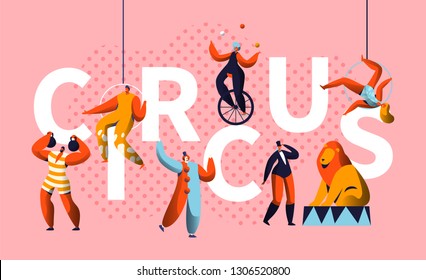 Circus Carnival Show Character Typography Horizontal Poster. Magician and Unicycle Juggler Entertainment. Funny Costume Strongman Colorful Advertising Letter Banner Flat Cartoon Vector Illustration