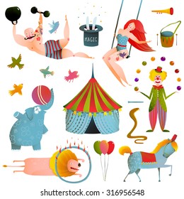 Circus Carnival Show Clip Art Vintage Collection. Fun and cute performance with animals, clown, strong man and horse set. Vector illustration.