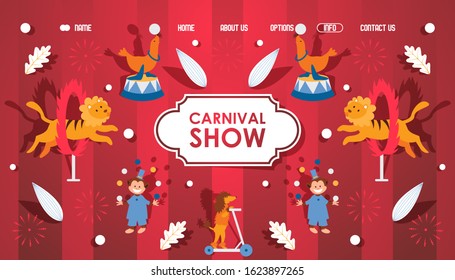 Circus carnival show with trained animals performing stunts, simple icons for website vector illustration. Landing page template, welcome to circus entertainment performance with animals, lion, monkey