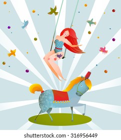 Circus Carnival Show Vintage Poster with Girl and Pony Horse. Fun and cute performance vintage cartoon card. Vector illustration.