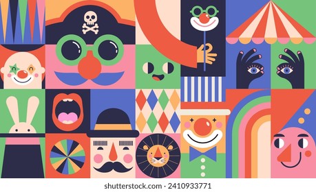 Circus, Carnival, Street Festival, Purim Carnival concept illustrations, Circus background. Geometric retro style design. Vector illustrations