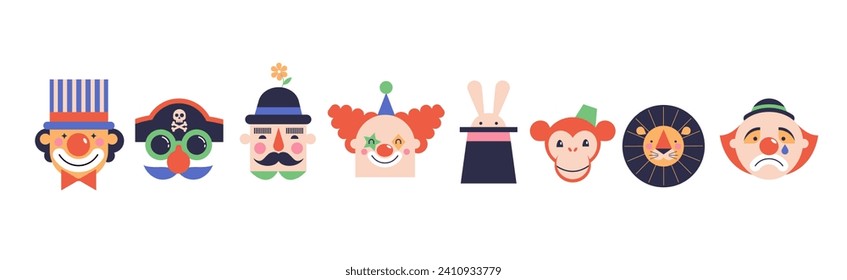 Circo, Carnaval, Festival de la Calle, ilustraciones conceptuales del Carnaval de Purim, elementos e íconos. Caras bonitas de payasos y animales. Fondo del circo. Diseño de estilo retro geométrico. Ilustraciones vectoriales