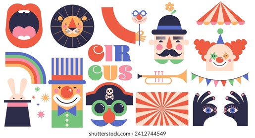 Circo, Carnaval, Festival de la Calle, ilustraciones conceptuales del Carnaval de Purim, íconos del Circo. Diseño de estilo retro geométrico. Ilustraciones vectoriales