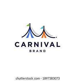 circus or carnival tent logo icon Vector concept design in trendy colorful line art Illustration, tend with flags